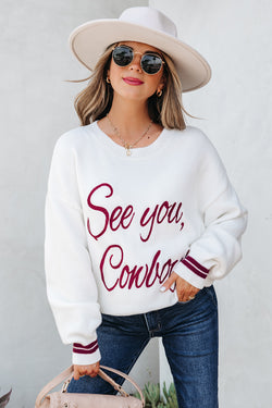 Bianco See You Cowboy ricamato maglione grafico occidentale
