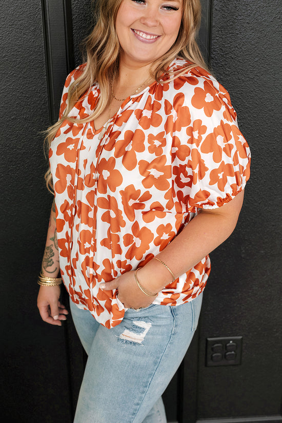 Blusa de manga corta con cuello con estampado floral de estampado floral de talla de talla grande