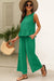 Green Solid Color Ribbed Ruffle Tank Top and Pants Set