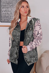 Black Camo Sleeve Hooded Buttoned Denim Jacket