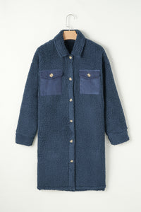 Blue Contrast Flap Pocket Single Breasted Teddy Coat