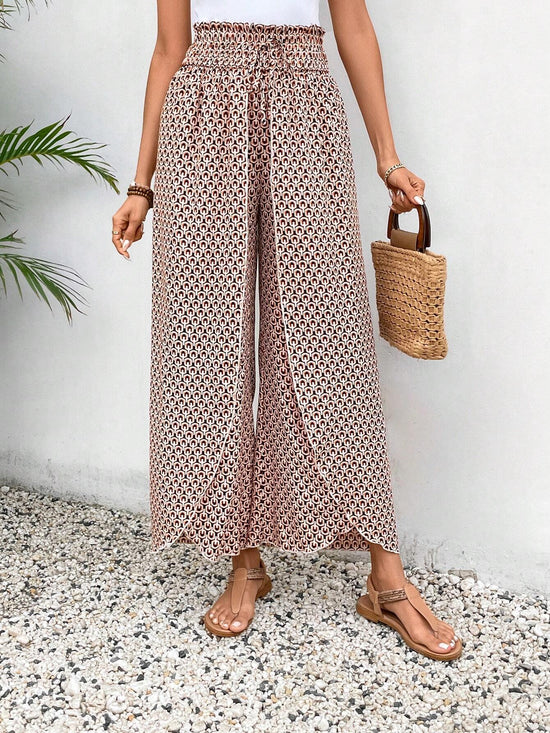 Black Bohemian Print Slit Wide Leg Smocked High Waist Pants