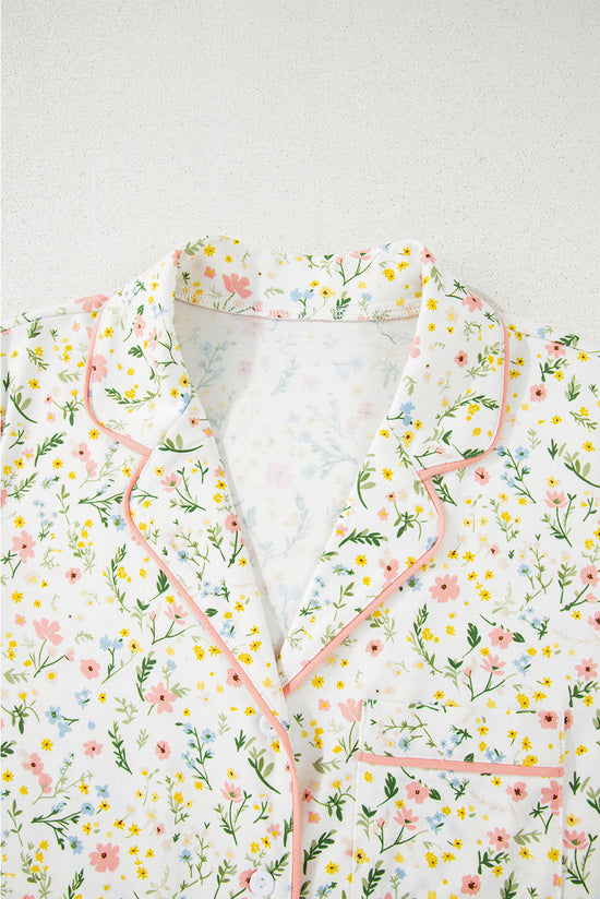 Floral Print Contrast Pipping Short Pajamas Set