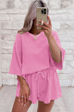 Meadow Mist Green Solid Sole Lo suelto V Neck Media manga y pantalones pantalones cortos