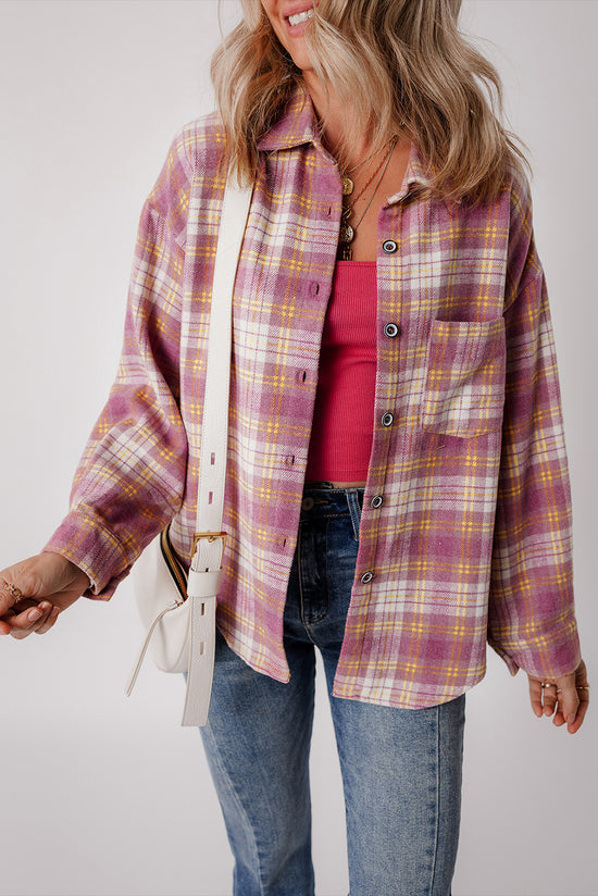 Pink Pink Plaid Treid Chacket de manga larga de bolsillo de bolsillo