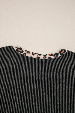 Carbon Grey Twisted Rib Texture Leopard Patchwork Detail 2pcs Pant Set