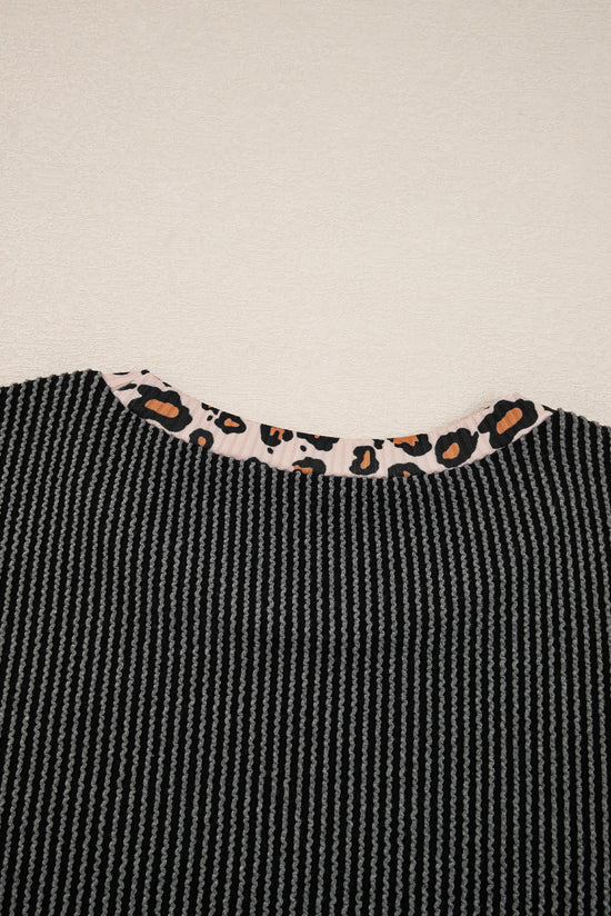 Carbon Grey Twisted Rib Texture Leopard Patchwork Detail 2pcs Pant Set