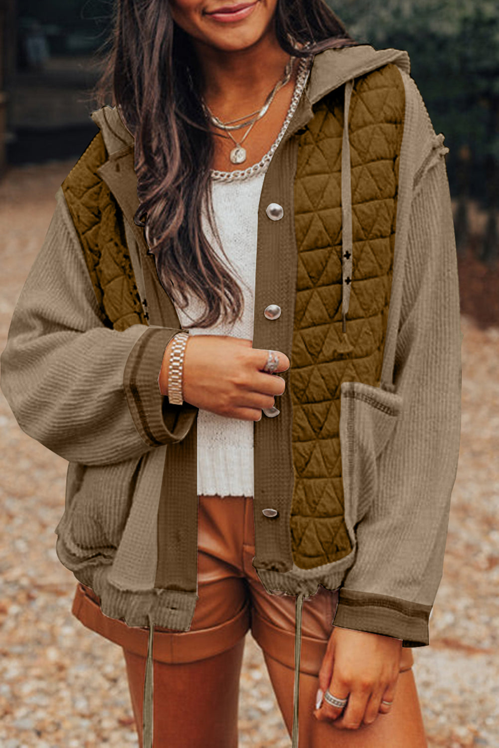 Beige Quilted Textured Patchwork Loose Fit Hooded Jacket