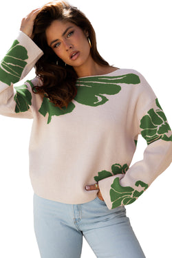 Suéter largo bege com estampa de flores em negrito e manga larga