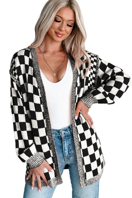 Cardigan con spalla con goccia anteriore a scacchi neri a scacchi