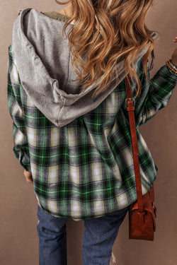 Chaqueta con capucha de bolsillo para el pecho de estampado a cuadros de color verde