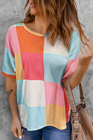Camiseta de cor de malha azul clara de waffle