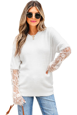 Significa per patchwork a manica in pizzo beige finto maglione fuzzy