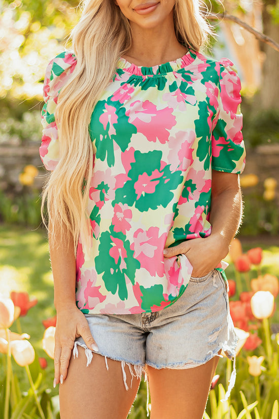 Stampa astratta verde Frilly Neck Blose a manica corta arricciata