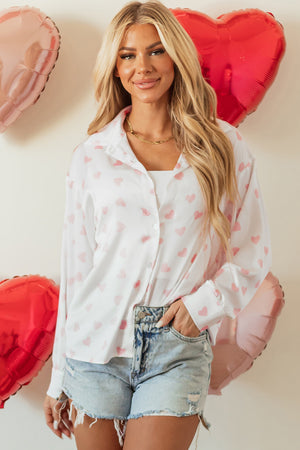 Chemise de manches bouffées à imprimé coeur à coeur blanc
