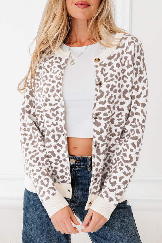 Khaki Leopard Drop Shoulder Chunky Knitted Cardigan Sweater