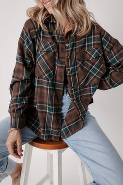 Papas de estampado de estampado a cuadros Brown Chaqueta abotonada