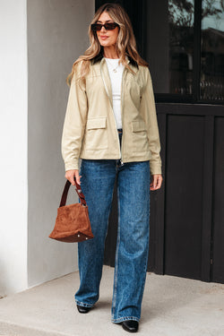 Parchment Contrast Leather Collar Textured Zip Up Jacket