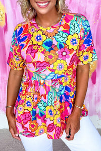 Estampado floral de rosa top babydoll plisado de manga corta