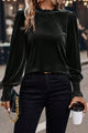 Black Frilled Collared Smocked Cuffs Puff Sleeve Velvet Blouse