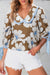 Marrom Floral Printed Tired Tire Sleeve Collared V Neck Blouse