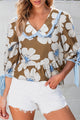Marrom Floral Printed Tired Tire Sleeve Collared V Neck Blouse