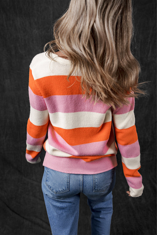 Bloco de listra laranja colorblock v pescoço suéter casual