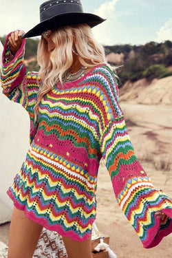 Maglione a manicotto sciolto a strisce color blocco rosso rosa