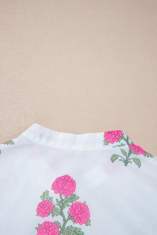 Robe longue blanche à imprimé floral et demi-bouton col mandarin manches 3/4