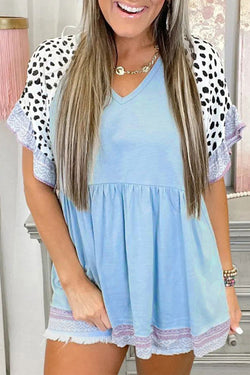 Icelanda blu blu manicotto patchwork arruffato a v blusa