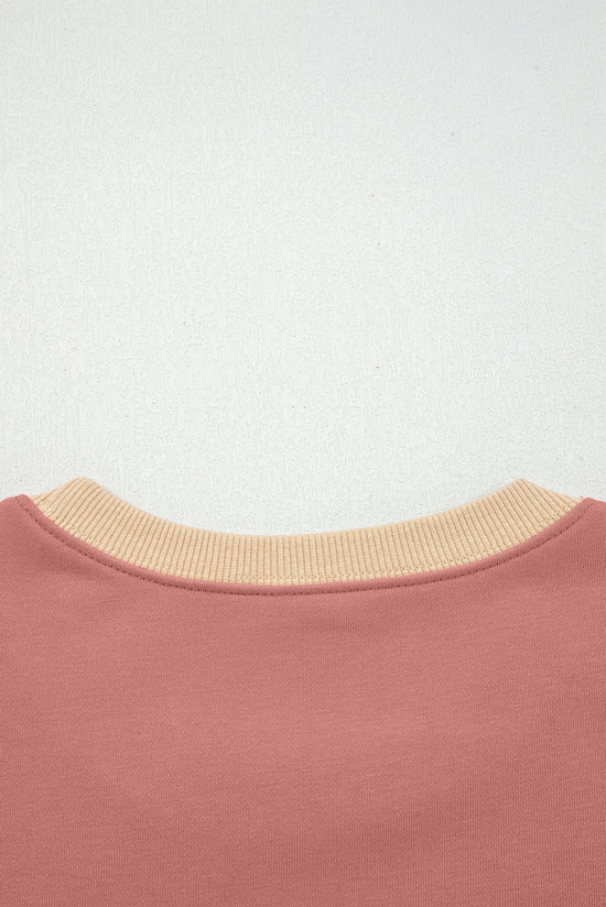 Rose Pink Contrast Star Patchwork Exposed Seam Uneven Hem Drop Shoulder Sweatshirt