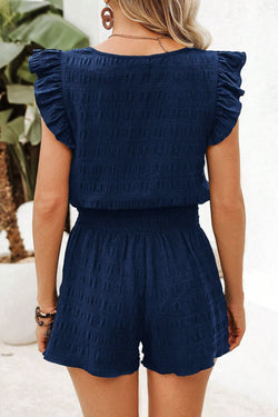 Top de cuello cuadrado de textura azul sucio y shired shorts de cintura alta