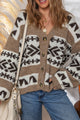 Dark Khaki Etnic Geometric Pattern Pulsante Front V Neck Magiolo Cardigan