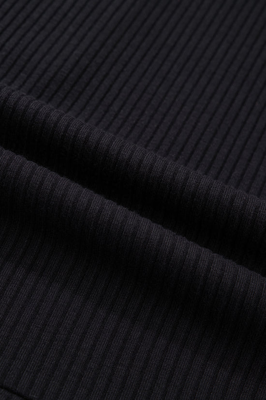 Black Ribbed Knit Contrast Denim Patchwork Hooded Long Sleeve Top