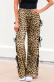 Calça de cintura elástica de cordão de cordão de estampa de leopardo integral marrom