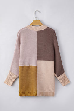 Brown Color Block Loose Open Front Knitted Cardigan