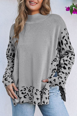 Chaqued Leopard High Neck Latern Slit Sweater de grandes dimensões