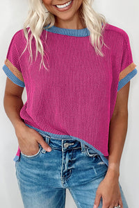 Bright Pink Textured Contrast Trim Round Neck T Shirt