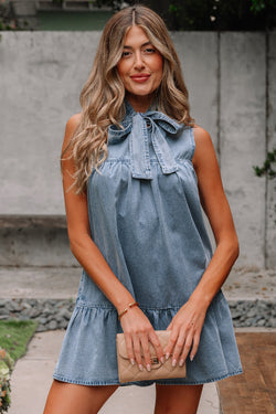 Beau Blue Bowknot Neck sin mangas con volantes Vestido de chambray