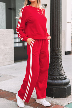 Fiery Red Varsity Striped Detail Crewneck Pullover Elastic Sweatpants 2pcs Outfit