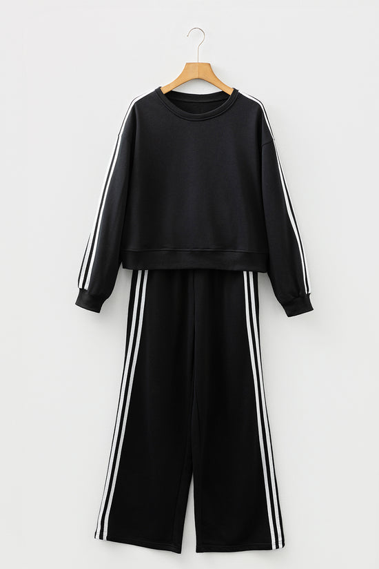 Black Varsity Striped Detail Crewneck Pullover Elastic Sweatpants 2pcs Outfit