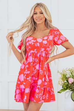 Mini abito arruffato con manicotto floreale rosso floreale