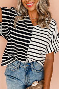 Black Stripe Two Tone Colorblock V Neck T-shirt