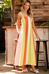 Green Color Block Shirred High Waist Fit and Flare Maxi Dress