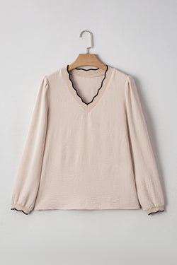 Jet Stream Contrast Scallop Trim V Neck Long Sleeve Blouse