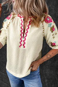 Blouse texturée à manches bouffées Ricrac Floral beige Floral