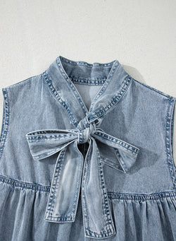 Beau Blue Bowknot Neck sin mangas con volantes Vestido de chambray