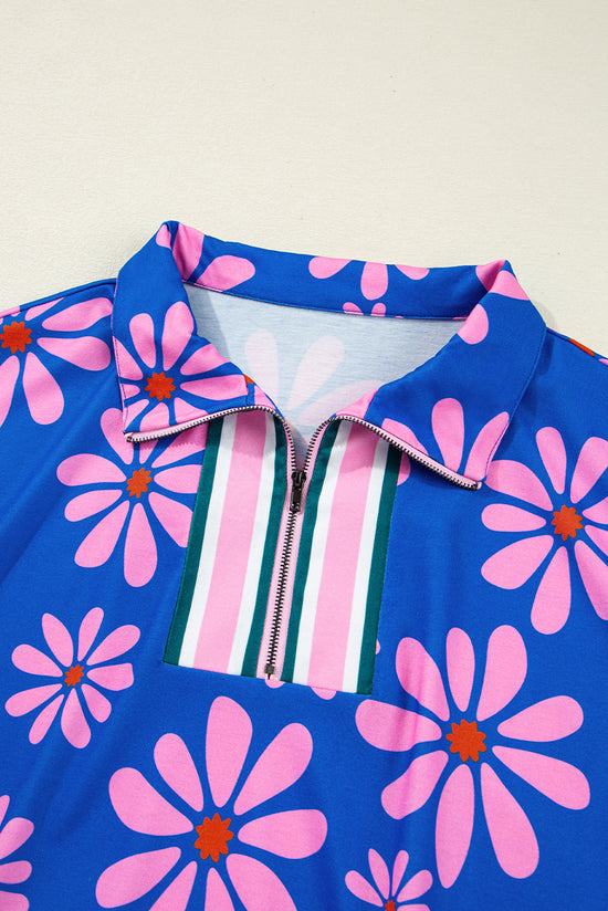 Mini abito con coulisse in vita con maniche ad aletta e maniche a cappuccio con zip a righe floreali viola