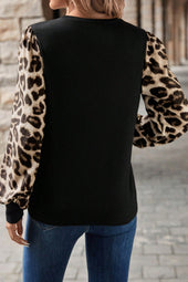 Khaki Leopard Puff Sleeve Patchwork Top