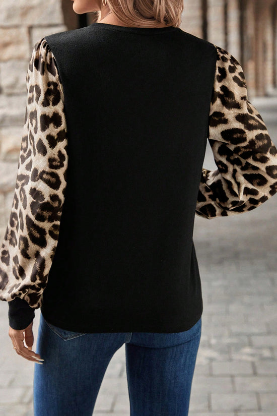 Top cáqui leopardo manga bufante patchwork